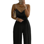 Pearl Suspender Wide Leg Sleeveless V-neck Backless Trousers Jumpsuit FLYSMART
