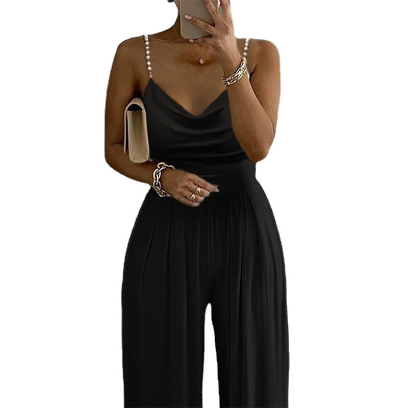 Pearl Suspender Wide Leg Sleeveless V-neck Backless Trousers Jumpsuit FLYSMART