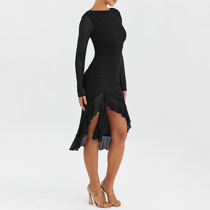 Autumn Sexy Trend Round Neck Slim Fit Long Sleeved Mesh Stitched Backless Sheath Dress