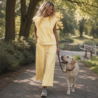 Custard White Edge Sleeveless Vest Women Loose round Neck Drawstring Three Quarter Length Wide Leg Sweatpants Two Piece Sets Rogan