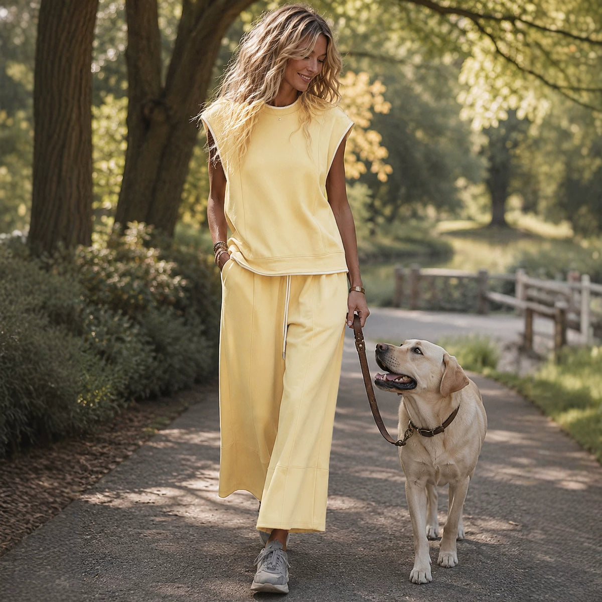Custard White Edge Sleeveless Vest Women Loose round Neck Drawstring Three Quarter Length Wide Leg Sweatpants Two Piece Sets Rogan