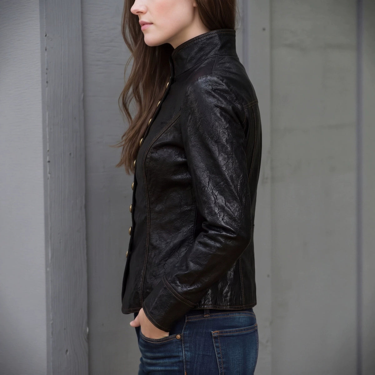 Retro Stand Collar Faux Leather Jacket Trendy Court Waist Single Breasted Long Sleeve Faux Leather Coat Venly