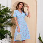 Summer Chiffon Printed V-neck Slim Dress A line Swintager