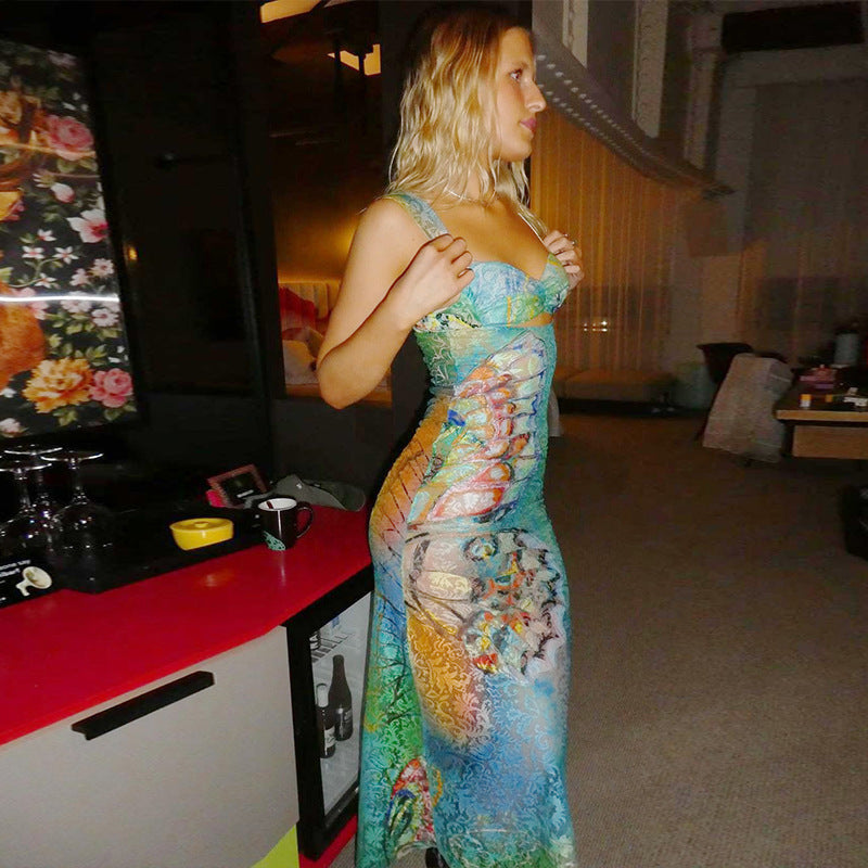 Robe d'été sexy en dentelle à imprimé sans manches et dos nu pour femme