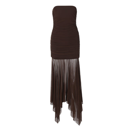Women Clothing Spring Sexy Tube Top off Neck Mesh Stitching Dress