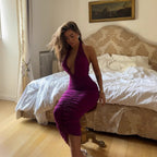 Sexy Women Clothing V neck Halter Slim Fit Slimming Ruffle Hip Purple Dress Women