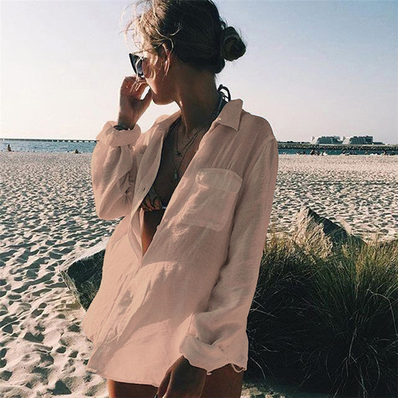 Shirt Beach Cover Up Sexy Cardigan Sun Protection Shirt Vacation Skirt Beach Cover Up FlowWhite