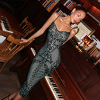 Autumn Winter Women Clothing Suspenders Low Cut Backless Print Back Slit Slim Fit Sexy Dress Dores