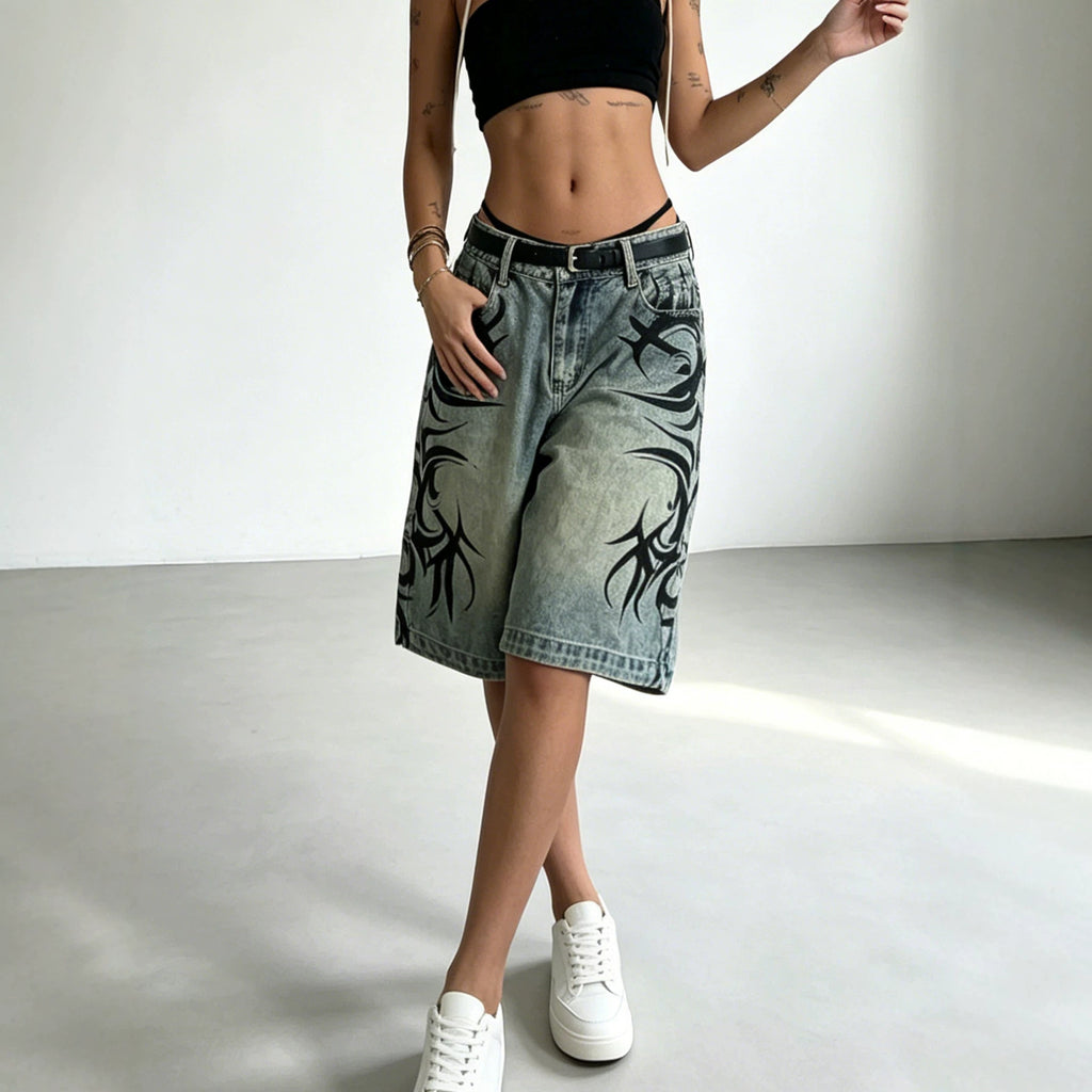 Gothic Vintage Print Hip Hop Street Loose Fifth Jeans SFEELSONITE