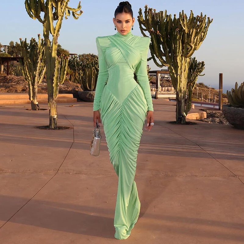 Robe d'automne pour femme, couleur unie, col roulé, dos nu, coutures apparentes, plissée, coupe ajustée