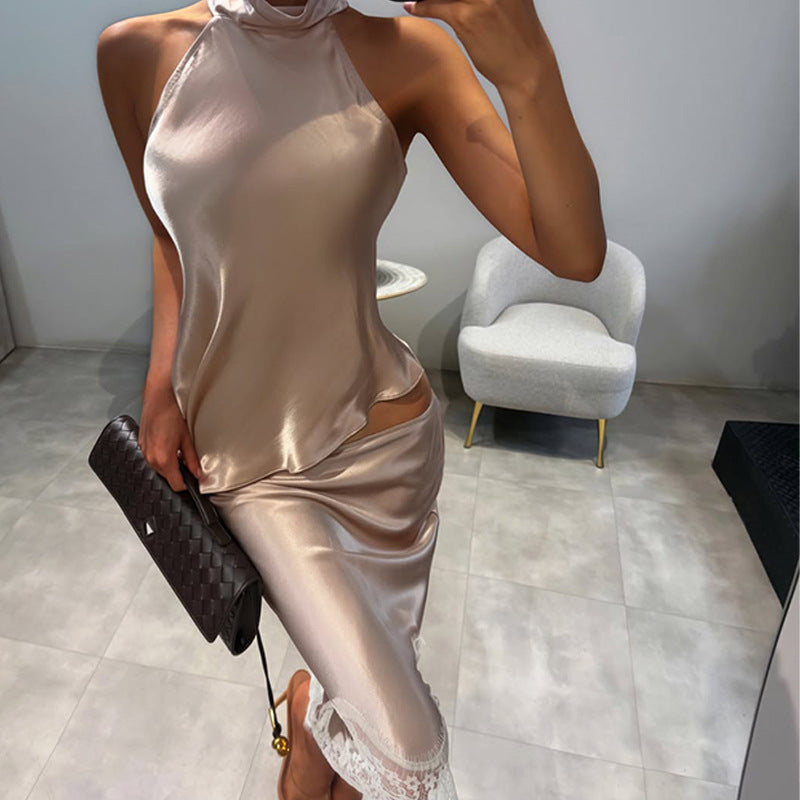 French Satin Champagne Slim Fit Sleeveless Top Low Waist Skirt Light Luxury Lady Twet Women LaceCH