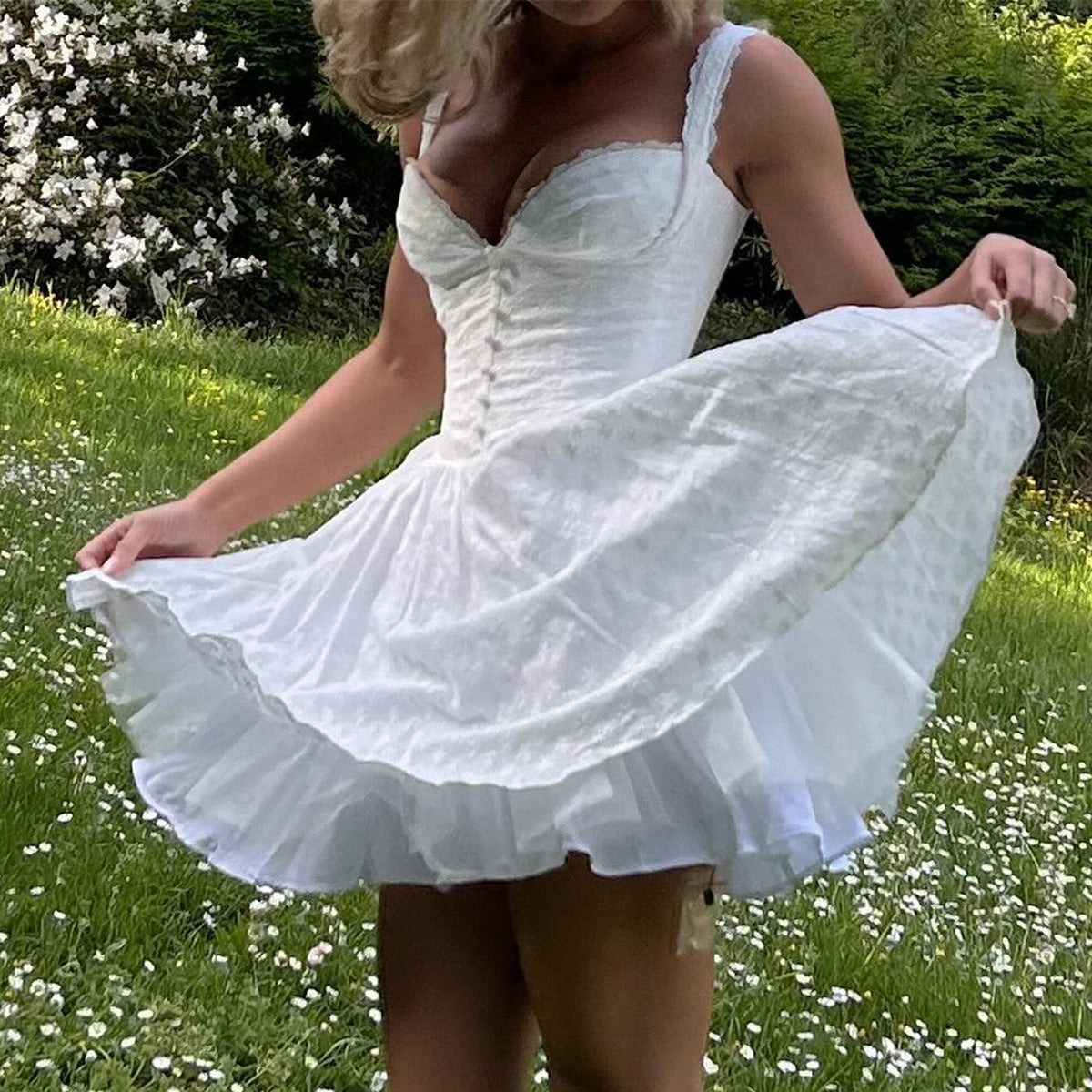 Dress Sexy V neck Lace Strap Dress Sexy White with Printed Pattern Sexy Women Clothing REBECCA