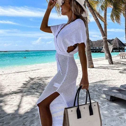 Summer Beach Dress Sexy Slit Short Sleeve Hollow Out Cutout out Strap Bikini Sun Shield Hanfu Long Robe Dress Crochet hook Crochet hook Crochet hook