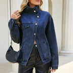 Asymmetric Oblique Placket Metal Buckle Multi Pocket Drop Shoulder Washed Denim Jacket Women MANNY