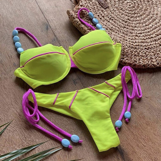 Traje de baño de bikini sexy con rayas hundidas y abertura para mujer