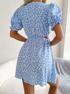 Spring Summer Casual Hollow Out Cutout out Tied Short Sleeve Floral Dress Women Clothing BAGIISA