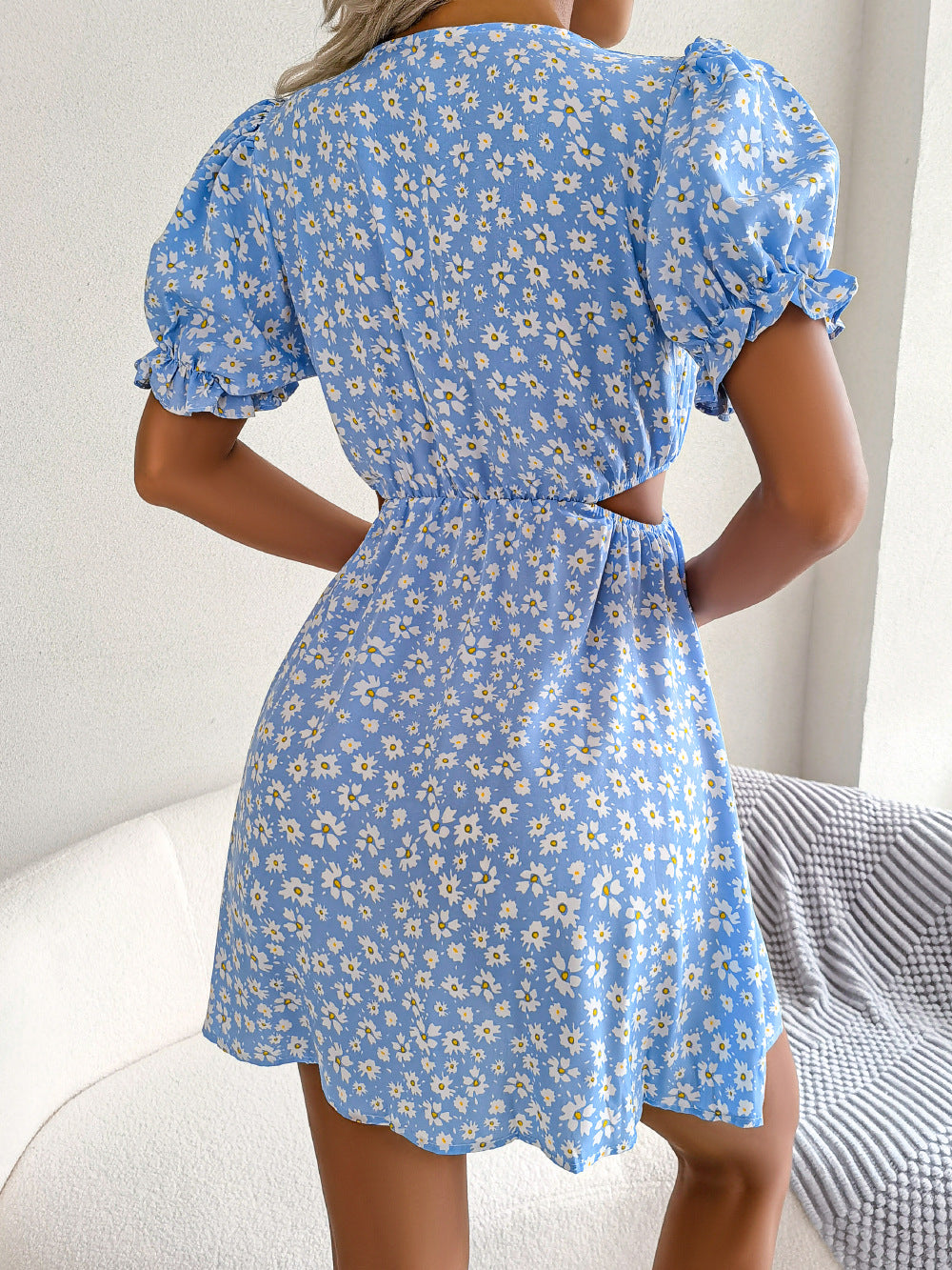 Spring Summer Casual Hollow Out Cutout out Tied Short Sleeve Floral Dress Women Clothing BAGIISA