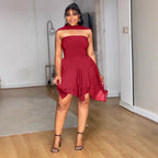 Women Elegant Irregular Asymmetric Double Layer Waist Tube Top Elastic Dress