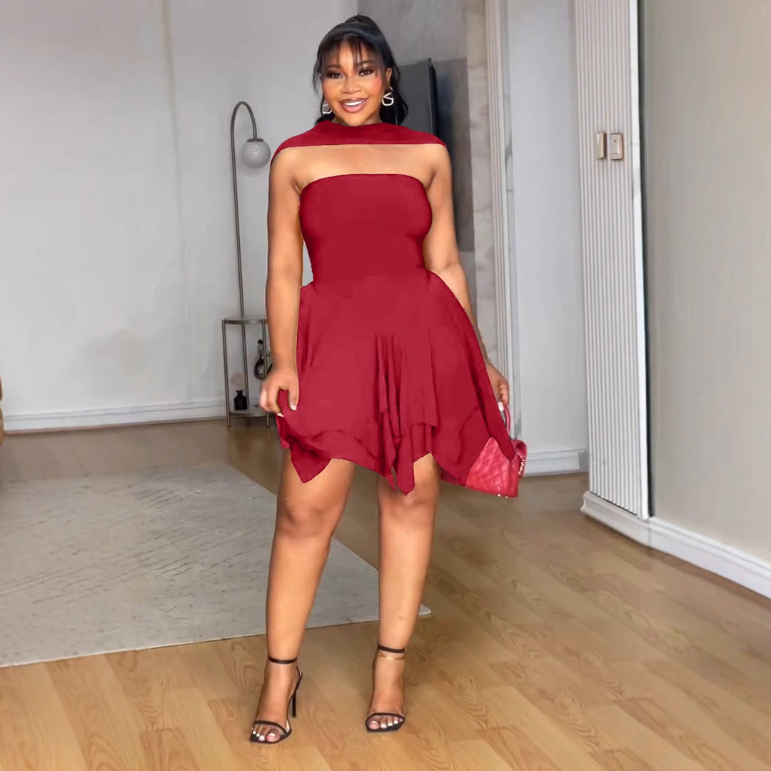 Women Elegant Irregular Asymmetric Double Layer Waist Tube Top Elastic Dress