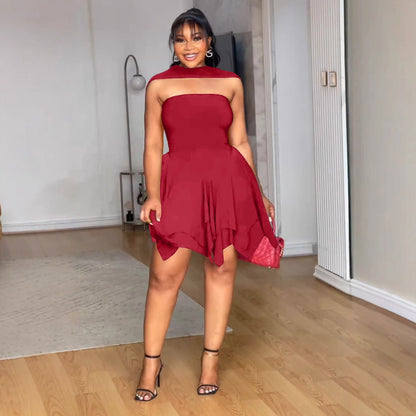 Women Elegant Irregular Asymmetric Double Layer Waist Tube Top Elastic Dress