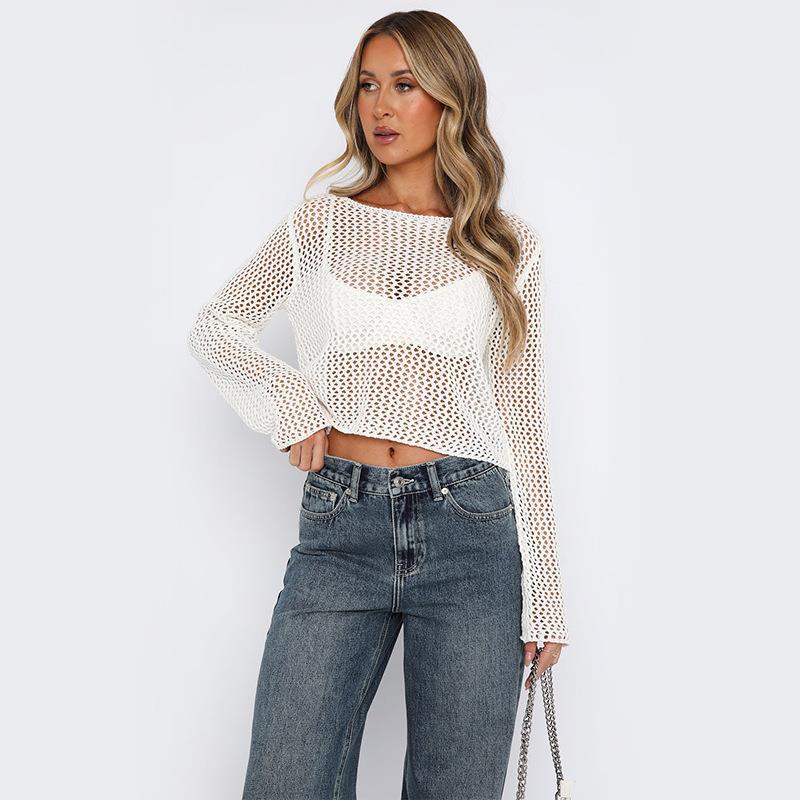 Hollow Out Cutout Sweater Solid Color round Neck Long Sleeve Knitted Blouse