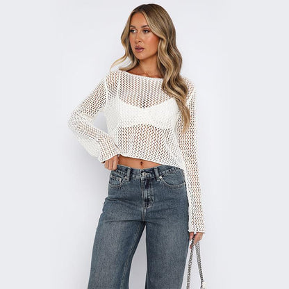 Hollow Out Cutout Sweater Solid Color round Neck Long Sleeve Knitted Blouse