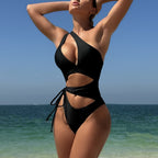 Traje de baño de una pieza con tirantes y cordón, sexy, de color sólido, con aberturas