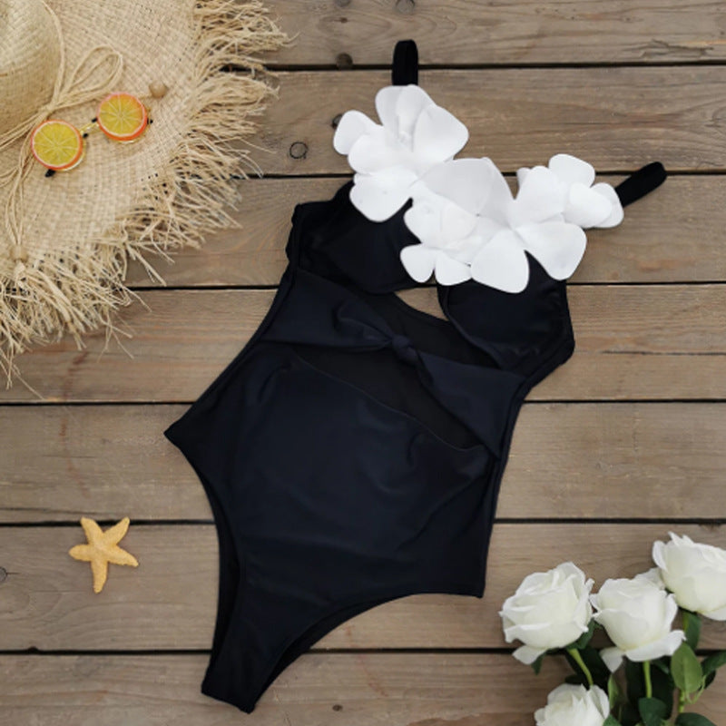 Maillot de bain une pièce pour femme, couleur unie, coupe slim, motif floral tridimensionnel, amincissant