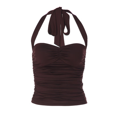 Top de tubo sexy para mujer, cuello halter, ajustado, plisado, con lazo