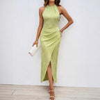 Summer Sexy Adult Lady like Woman Halter Split Backless Solid Color Dress with Lining XINXI