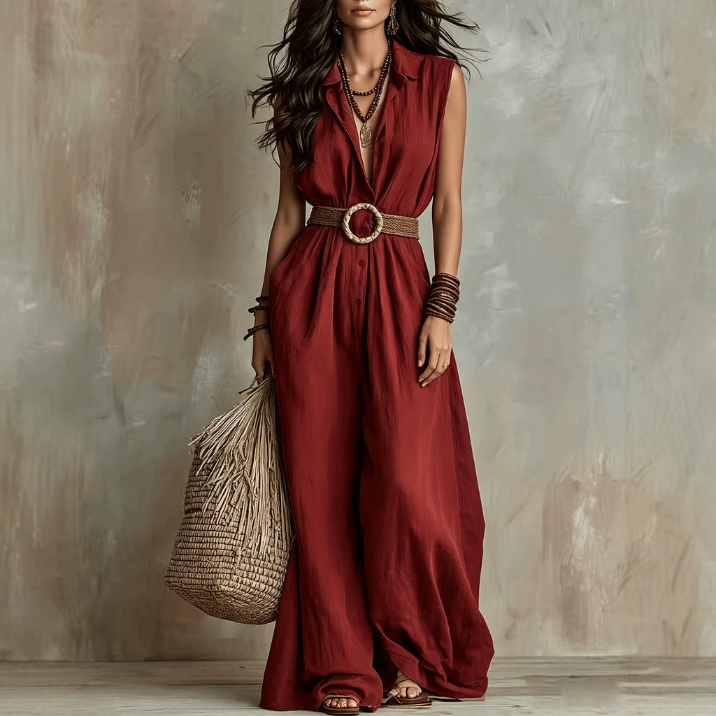 Linen Sleeveless Jumpsuit Casual Button Collared Wide Leg Jumpsuit with Belt Venly
