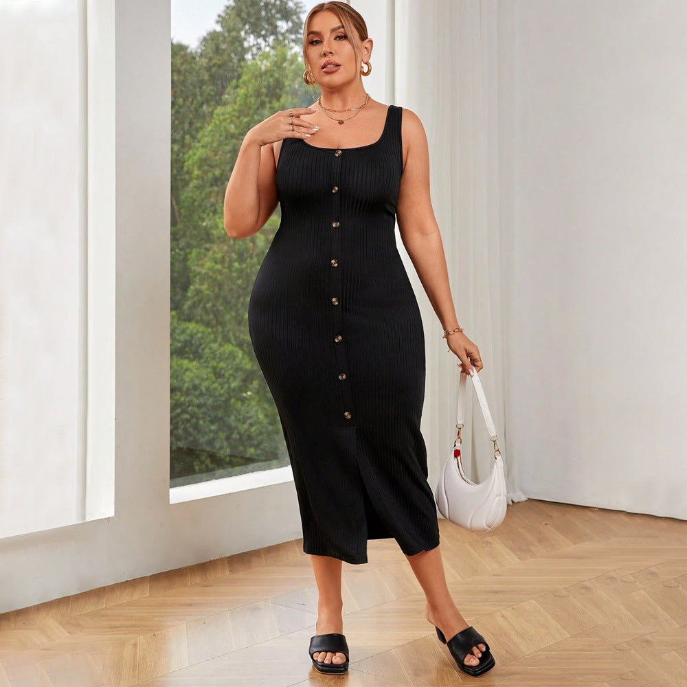 Plus Size Women Elegant Square Collar Dress Summer High Waist Solid Color Sling Hip Dress Yido
