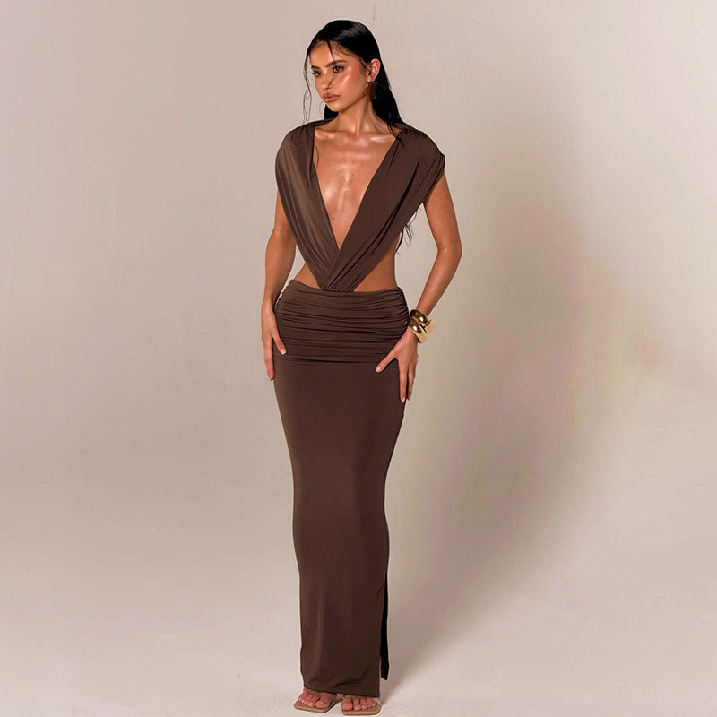 Women Clothing Summer Solid Color Casual Sleeveless Halter Backless Slim Fit Sheath Maxi Dress HONEYBADGER