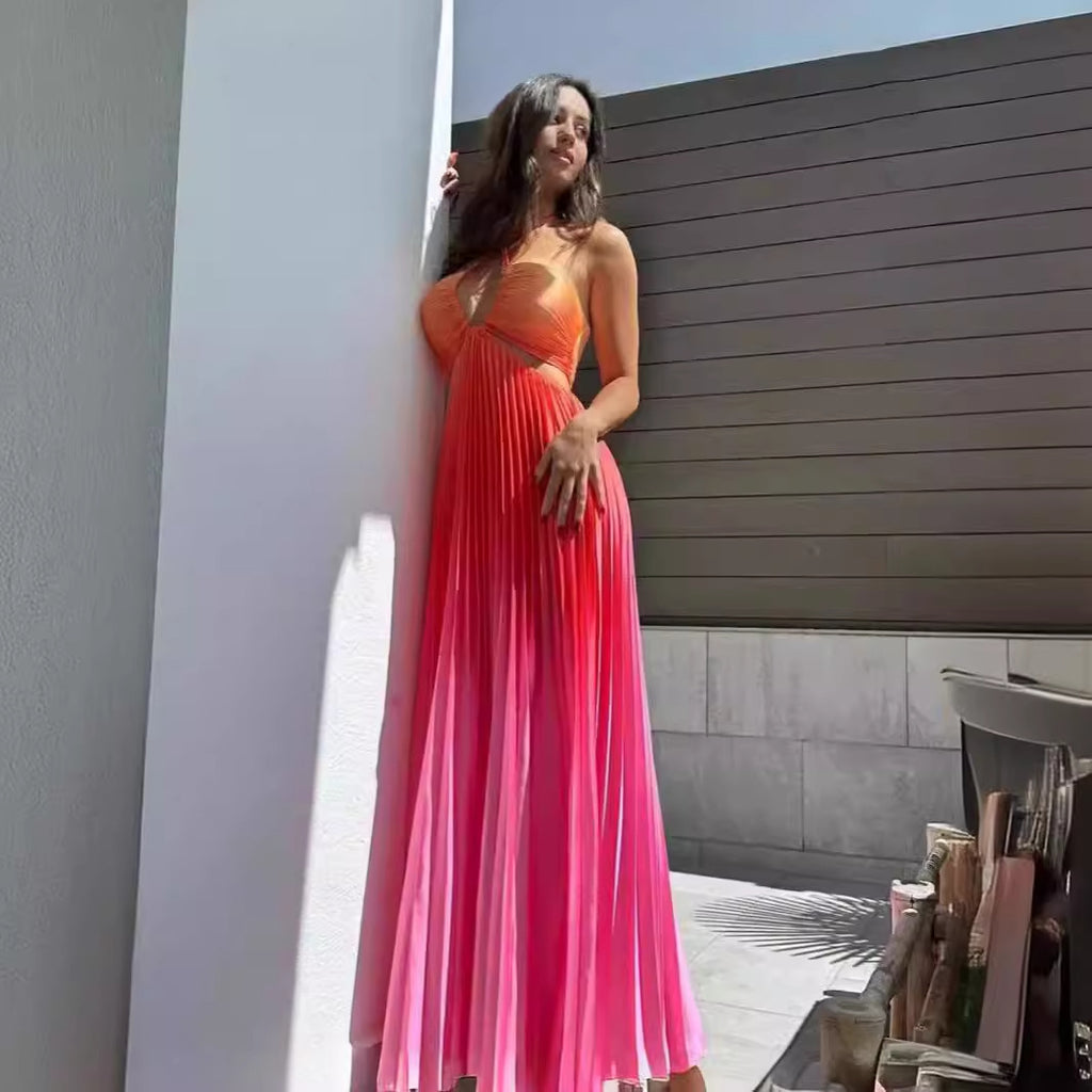 Personalized Summer Gradient Color Halter Pleated Long Women Dress Lyncent