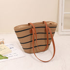 Striped Shoulder Straw Bag Woven Bag Summer Large Capacity Casual All Match Women Seaside Beach Rattan Woven Bag EaseWoven