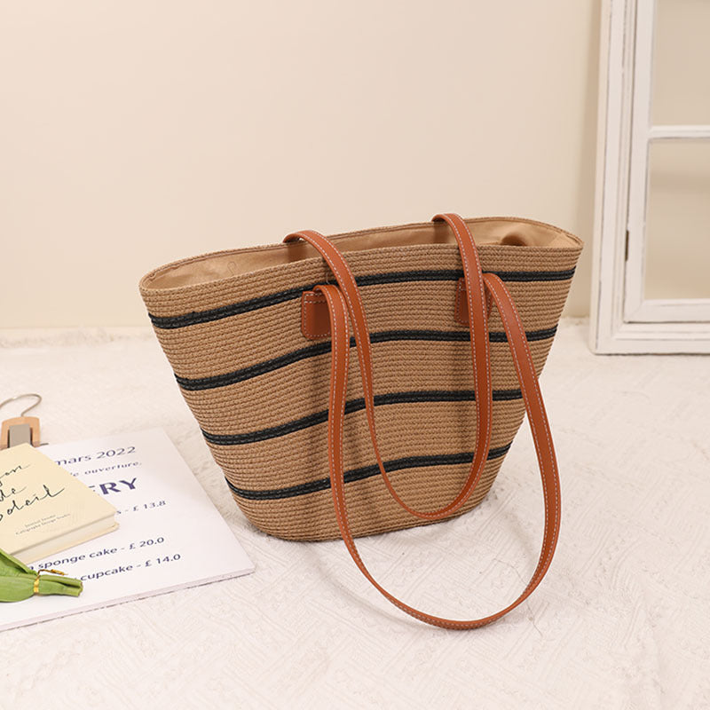 Striped Shoulder Straw Bag Woven Bag Summer Large Capacity Casual All Match Women Seaside Beach Rattan Woven Bag EaseWoven
