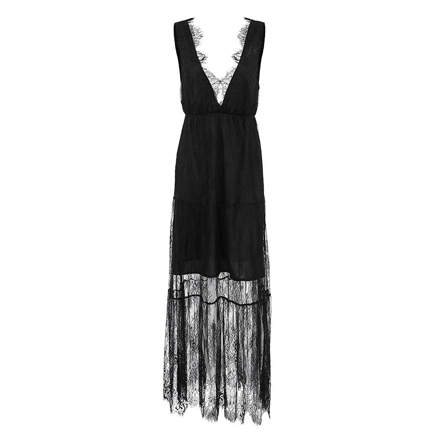 Sexy Black Brocade Lace Dress All Matching Sexy V-neck Loose Backless Women Dress FOREVEREIGHTEEN