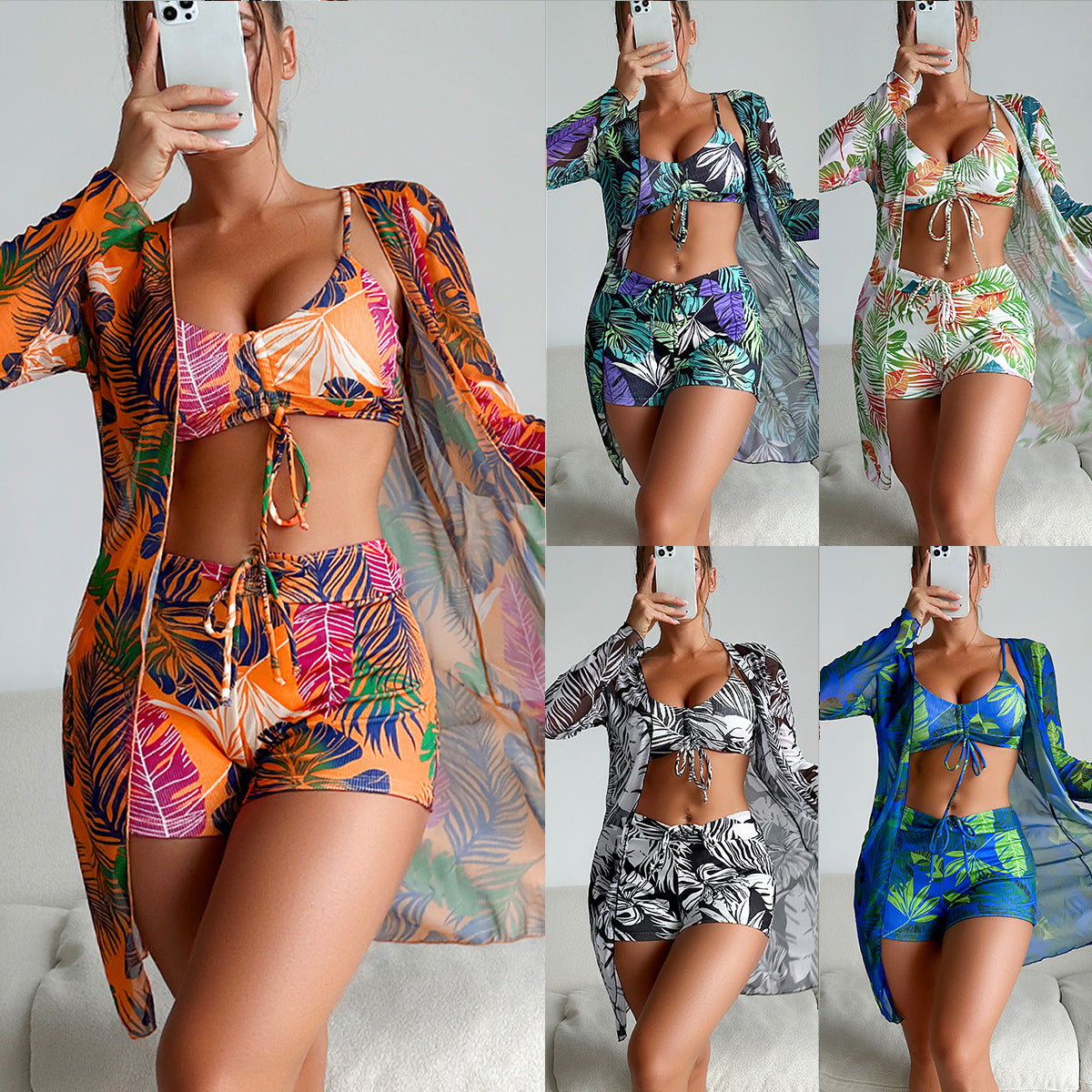 Maillot de bain trois pièces pour femme, boxer, bikini, imprimé corde, filet, rouge