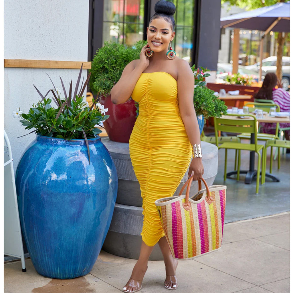 Women Clothing Sexy Bandeau Pleated Solid Color Dress Midi Dress OSDAN