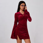 Robe sexy pour femme, automne-hiver, manches cloche, taille plissée, coupe courte moulante.