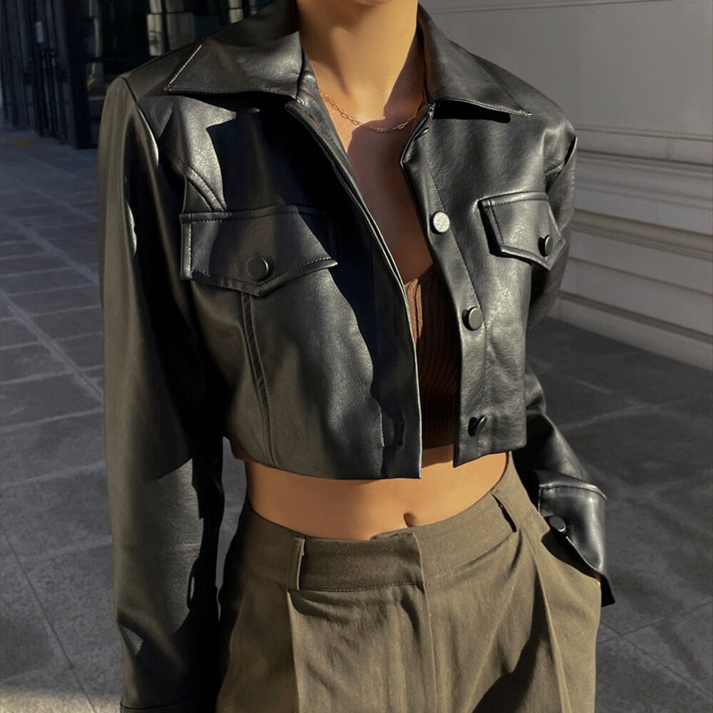 Street Sexy Fan Car Clothes Collared Breasted Leather Coat Women Autumn Sexy Cropped Fried Street Cropped Jacket SaturdayNight