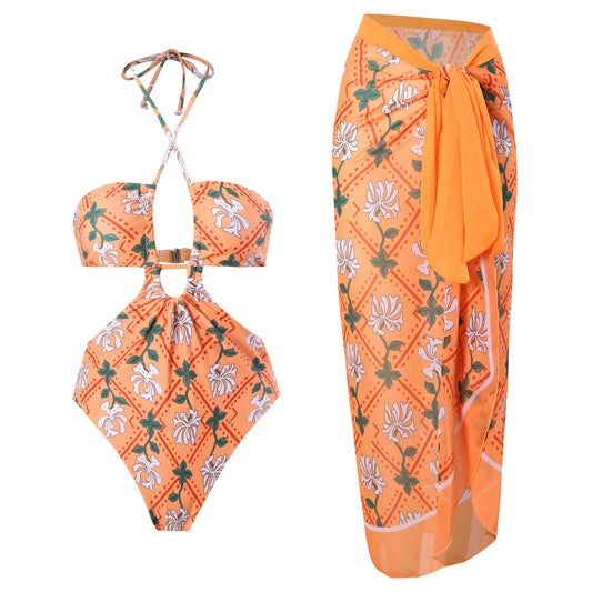 Sexy Double Sided One Piece Swimsuit Pleated Halter Bikini Suit Chiffon Dress