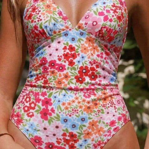 Summer Women Pink Floral Spaghetti Strap Sexy Seaside Beach Vacation One Piece Swimsuit OLam