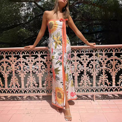 Summer Sexy Split Wrapped Chest Printing Dress Women Gemi