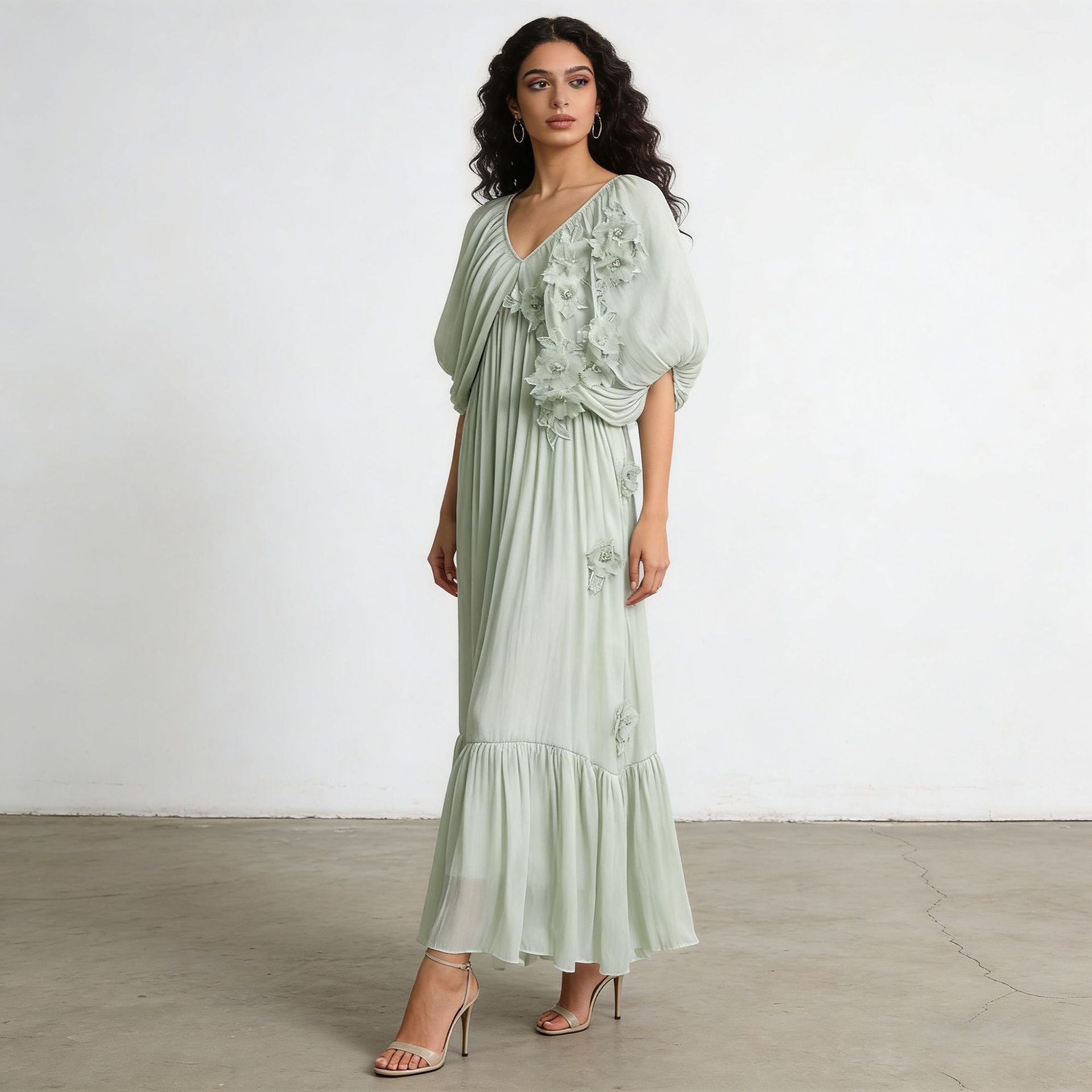 Romantic Vacation Maxi Dress Spring V neck Drop Shoulder Batwing Sleeve Stitching Three Dimensional Floral Dress Ory