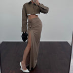 Women Clothing Autumn French High Waist Slit Pleated Floral Decorative Skirt Burgatti