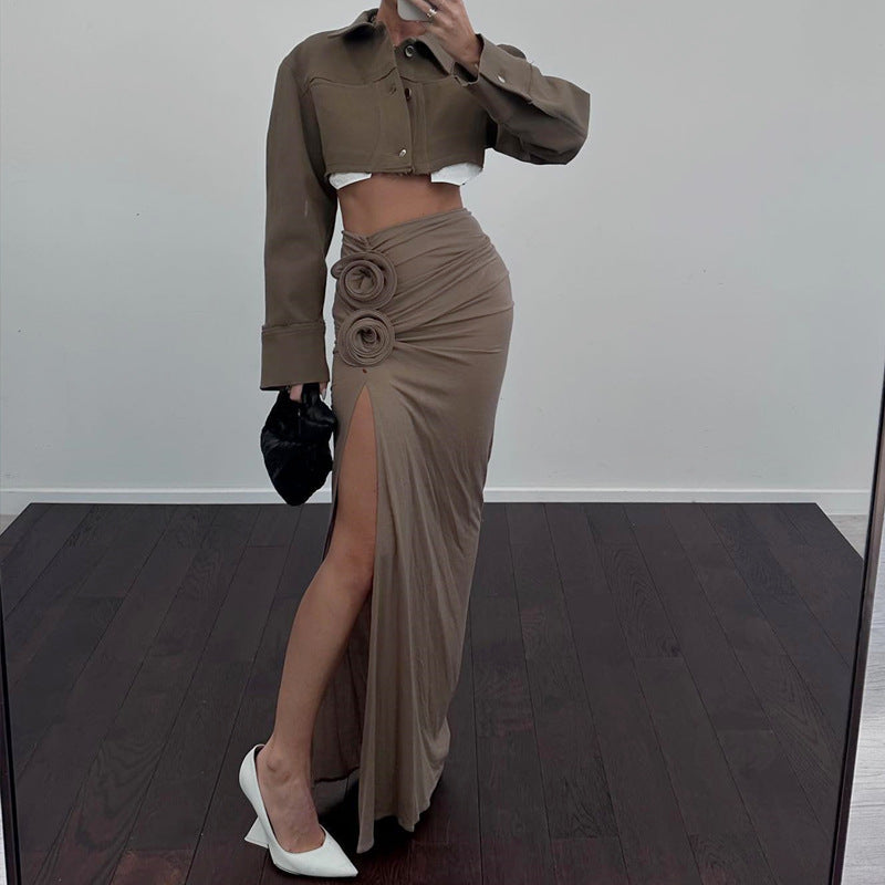 Women Clothing Autumn French High Waist Slit Pleated Floral Decorative Skirt Burgatti