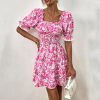 Summer A Line Puff Sleeve Women Short Sleeve Lace up Smocking Dress Jeme