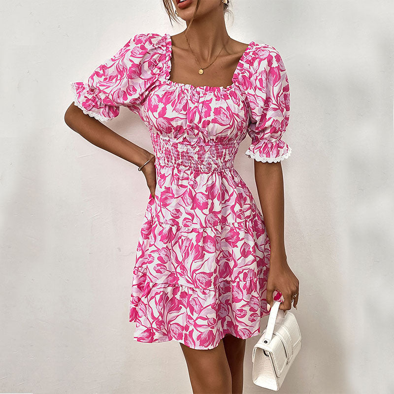 Summer A Line Puff Sleeve Women Short Sleeve Lace up Smocking Dress Jeme