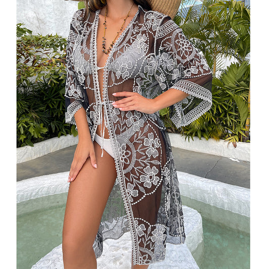 Water Soluble Silk Sun Protection Clothing Hollow Out Cutout Embroidered Strap Loose Sexy Casual Beach Cover Up